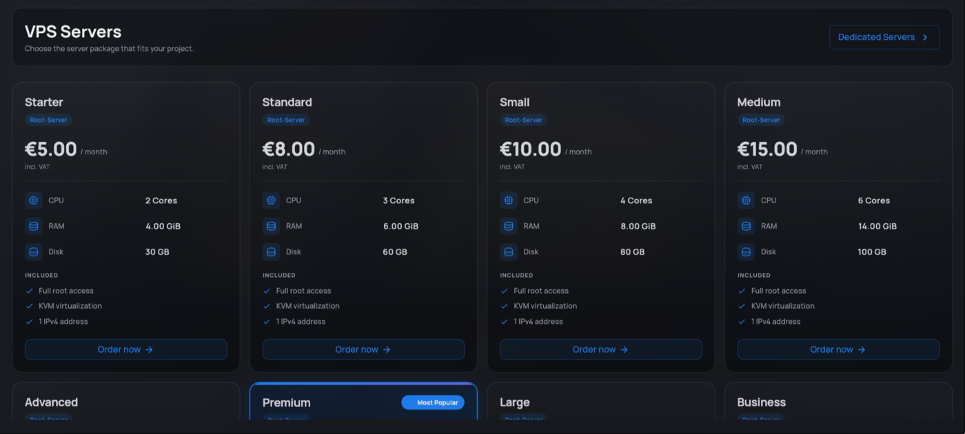 VPS order page with server packages