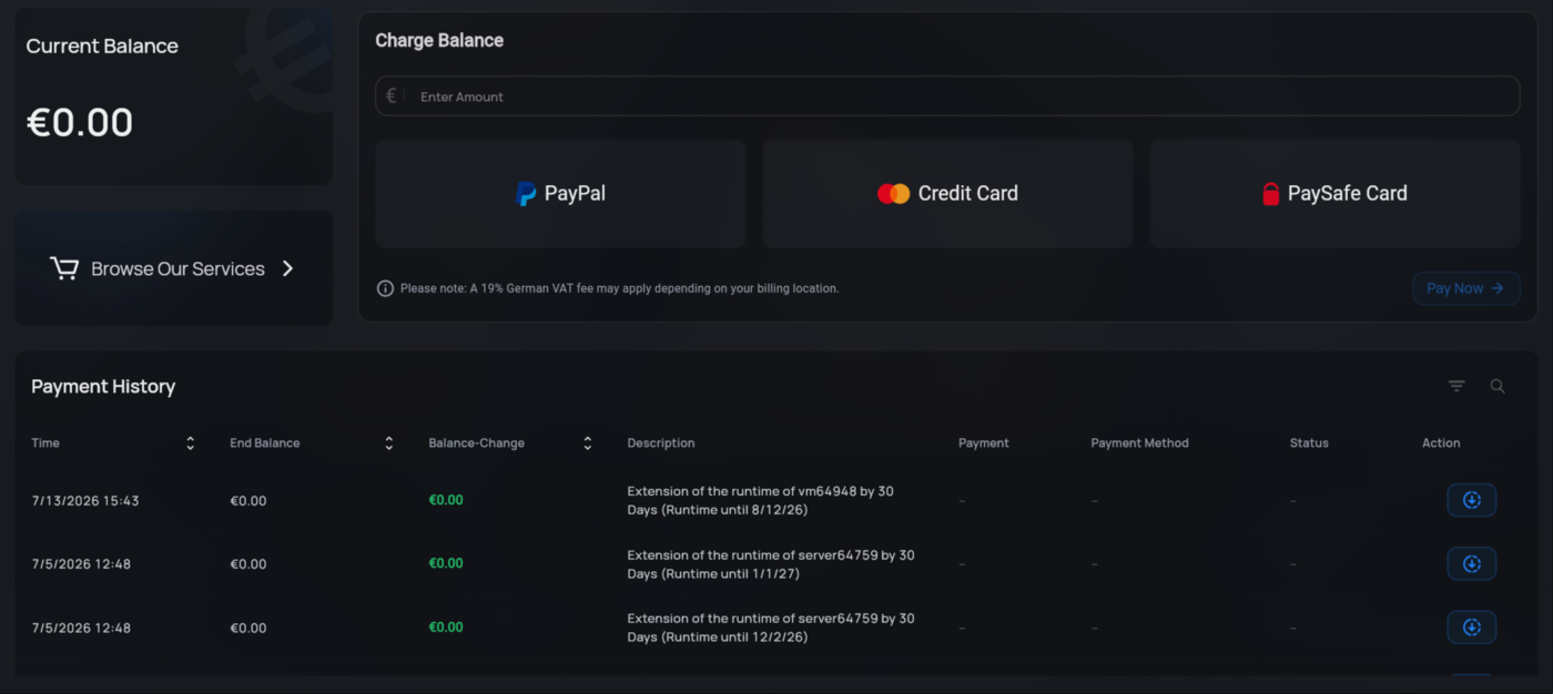 Wallet with balance, payment methods and payment history